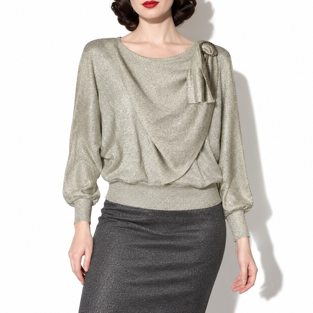 70s Vintage Silver Metallic Draped Disco Top Womens M Dolman Sleeve Cropped